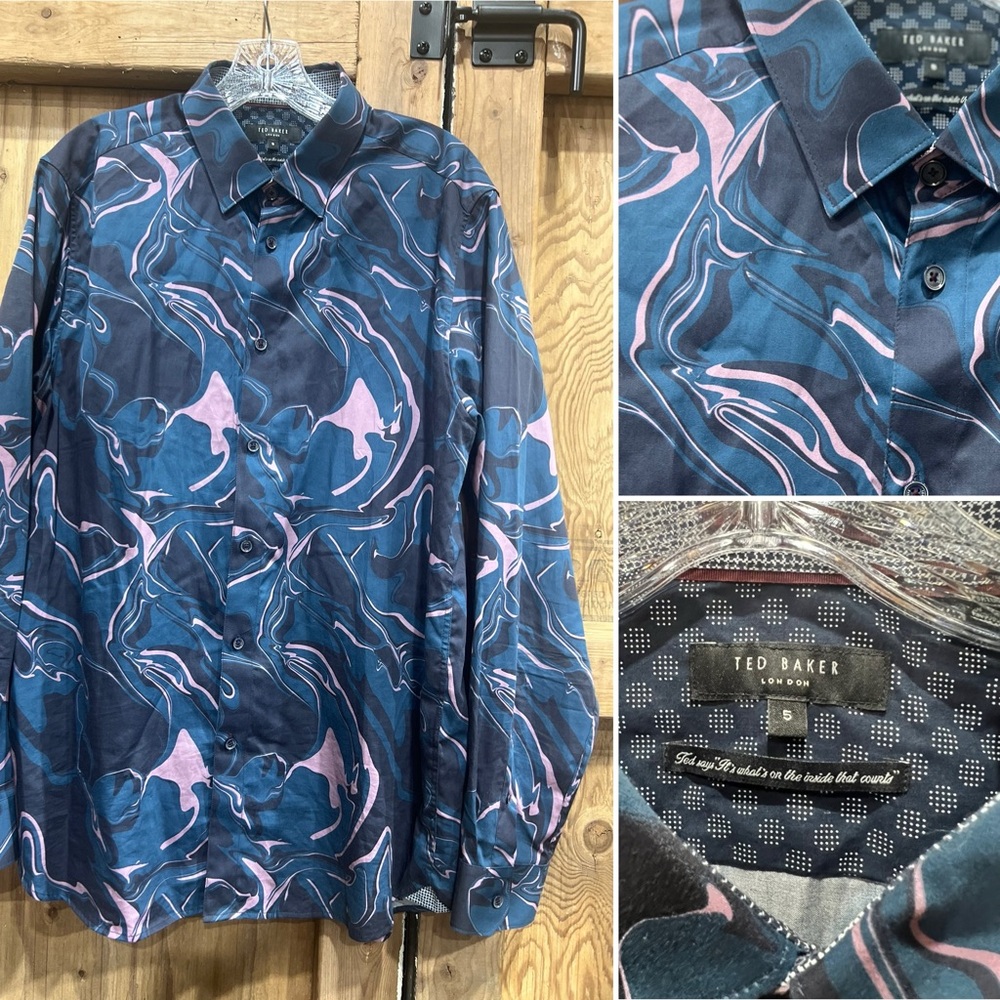 Bold Style Ted Baker Marble Print Button Down Shirt Tailored Slim Fit XL (5)